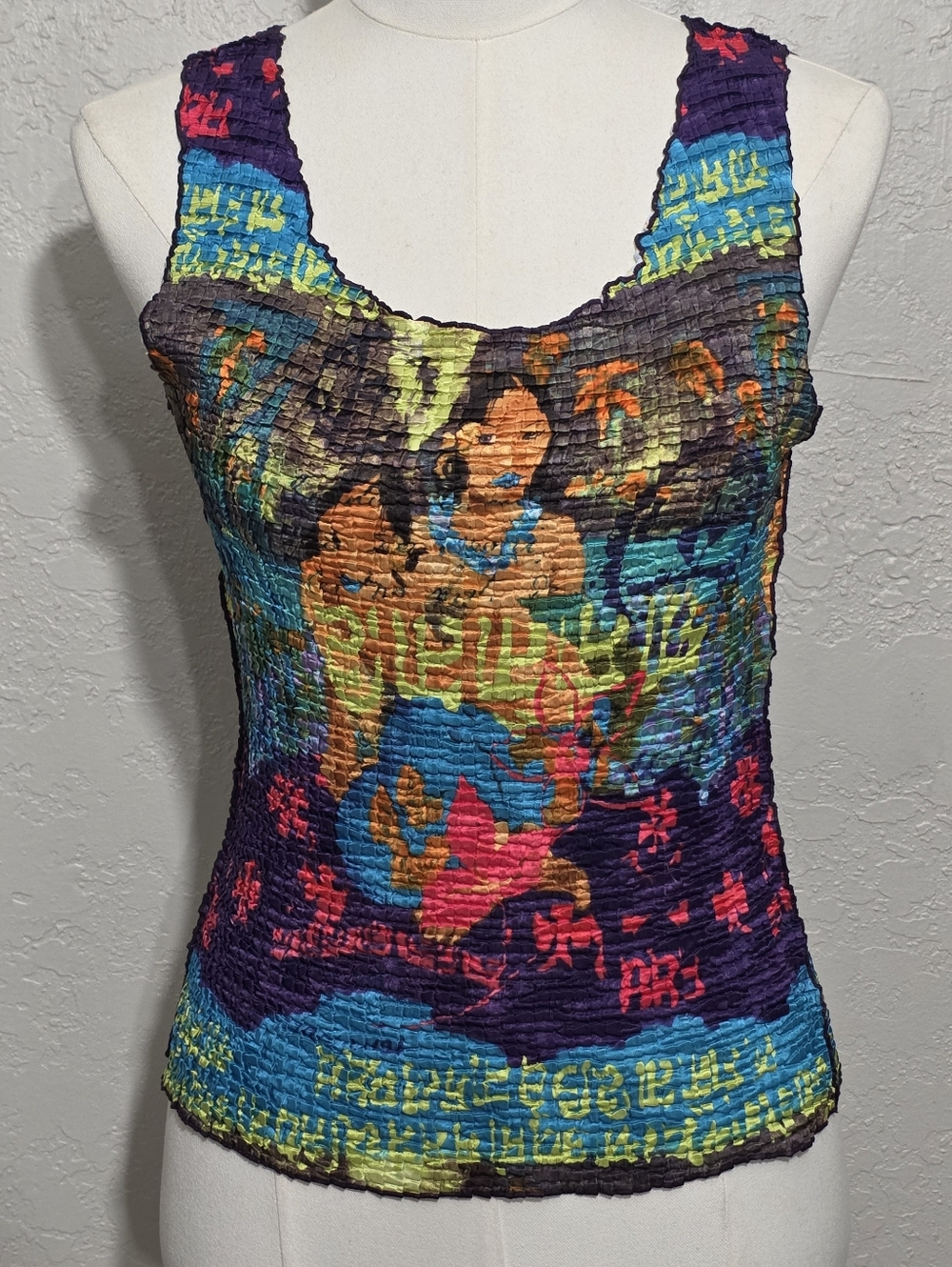 Vintage 90s Popcorn Top Gauguin Art Print Crinkle Stretch Tank Y2K Rare M - Picture 7 of 13